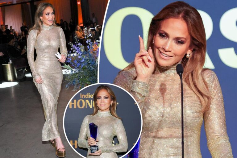 Jennifer Lopez shimmers in skintight silver gown on IndieWire Honors red carpet