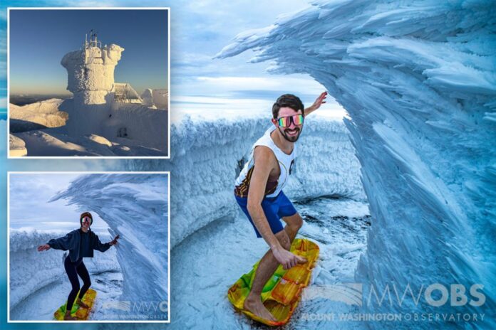 Meteorologists surf rare ‘ice wave’ atop Mount Washington